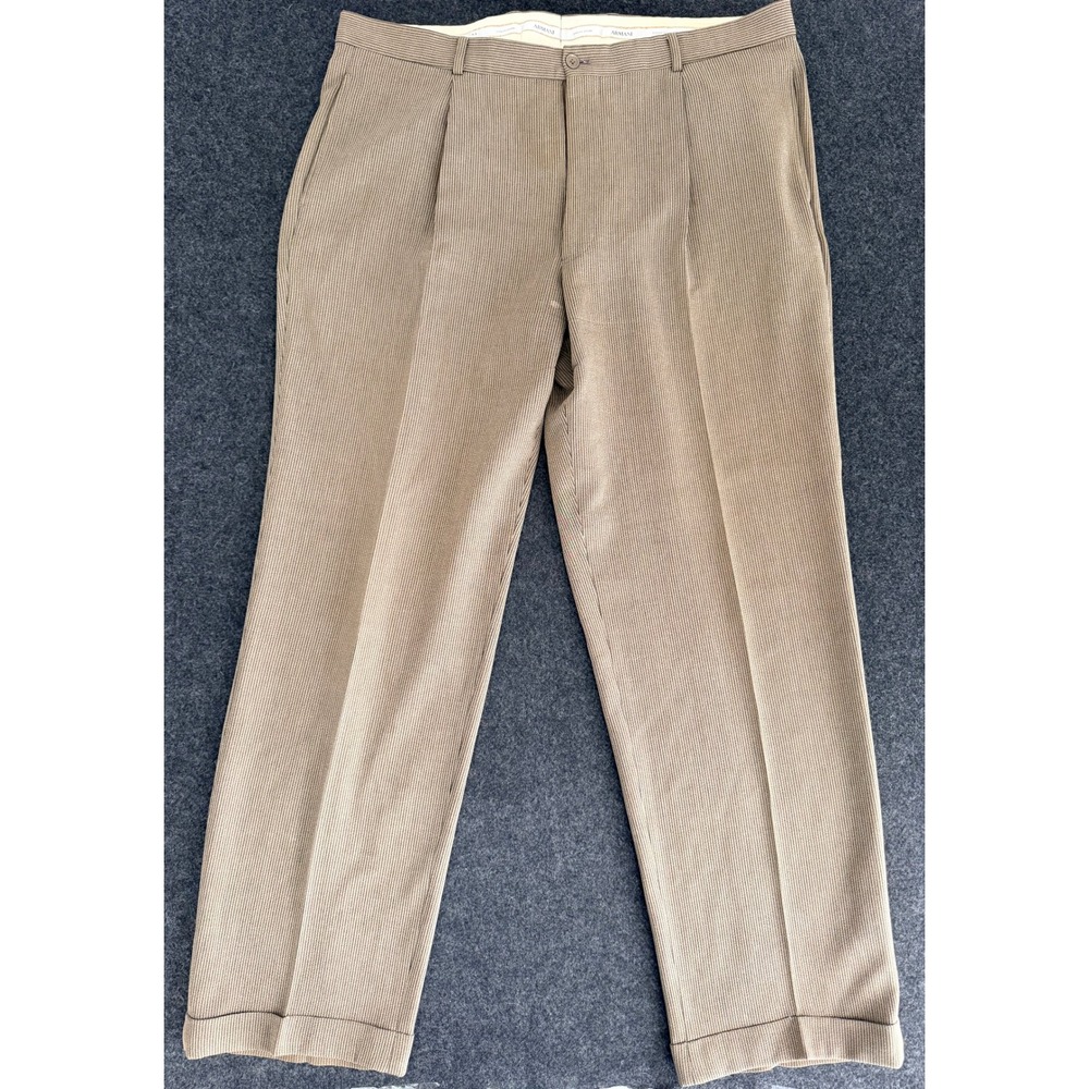 Vintage Armani Mens 40x32 Dress Pants Tan Wool Pleated Cuffed Striped